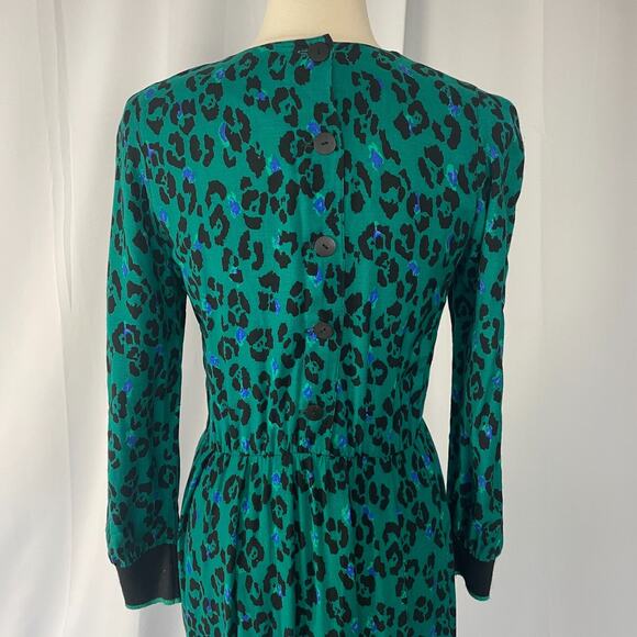 Vintage Midi Dress Size Small Green Black Cheetah Leopard Long Sleeve 80s 90s - Picture 8 of 16